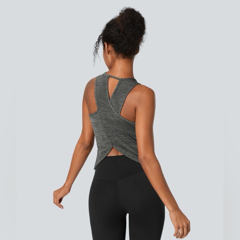 ✨ Crisscross Back Curved Hem Yoga Tank Top – Size XL (Color: Deep Gray Texture)